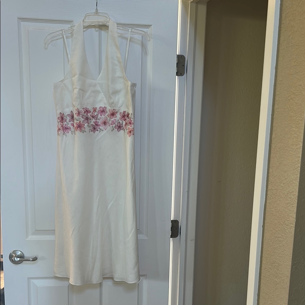 Ann Taylor Cream Midi Dress with Pink Floral Accents